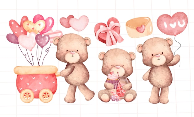 Aquarel set van mooie teddybeer