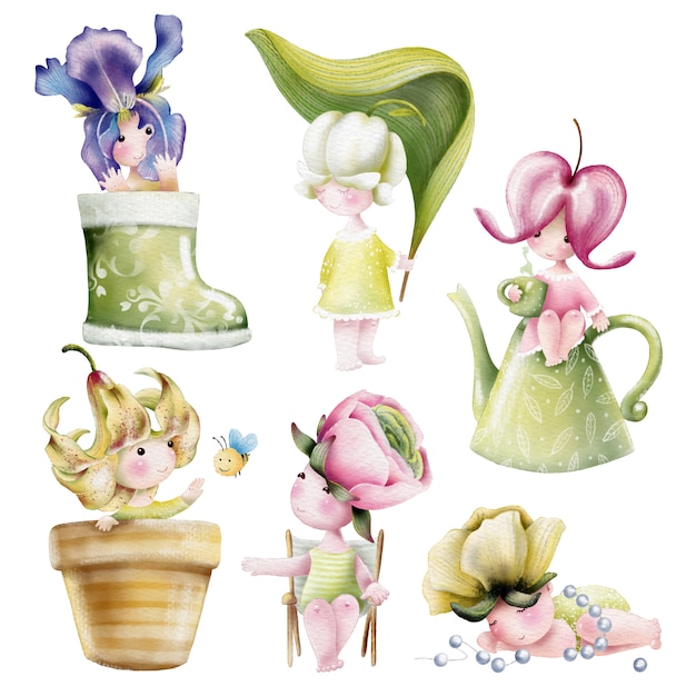 Aquarel set van schattige cartoon baby bloemen tekens