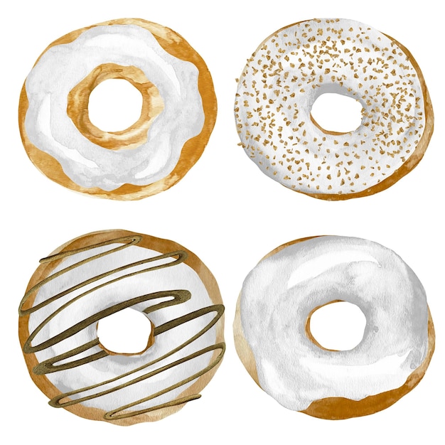 Aquarel set van vier zoete donuts in wit glazuur en chocolade en noten