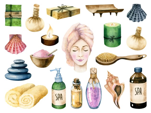 Aquarel spa set geïsoleerd op een witte achtergrond
