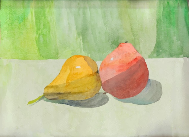 Aquarel stilleven peer en appel. stilleven met fruit. Stilleven van kinderen.