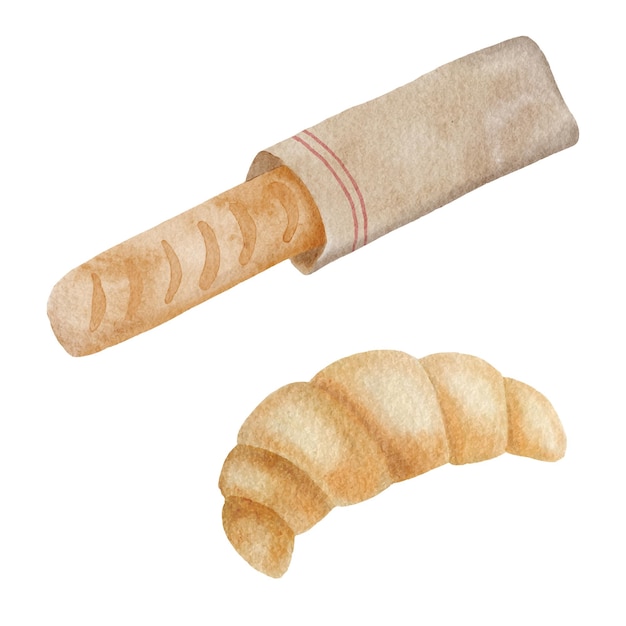 Aquarel stokbrood brood en croissant set hand getrokken verse franse bakkerij iillustration