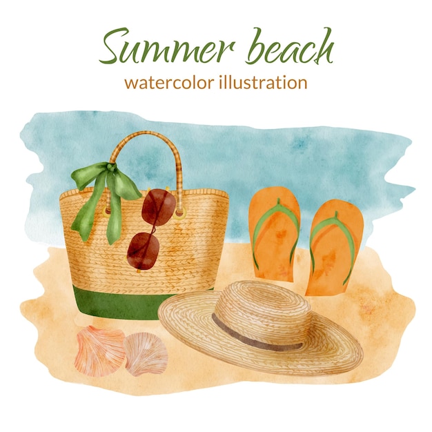 Vector aquarel strand illustratie hand getekende strandtas stro hoed zonnebril en slippers op zand