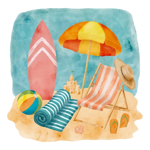 Vector aquarel strand illustratie hand getekende zomer zee vakantie scène met parasol en strandstoel