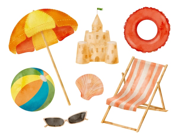 Vector aquarel strand set hand getrokken parasol ligstoel bal zandkasteel zwemmen buis illustratie