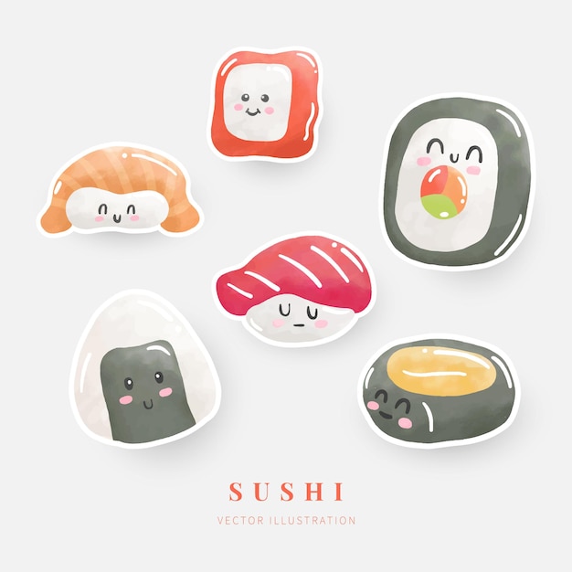 Aquarel sushi sticker set digitale verf