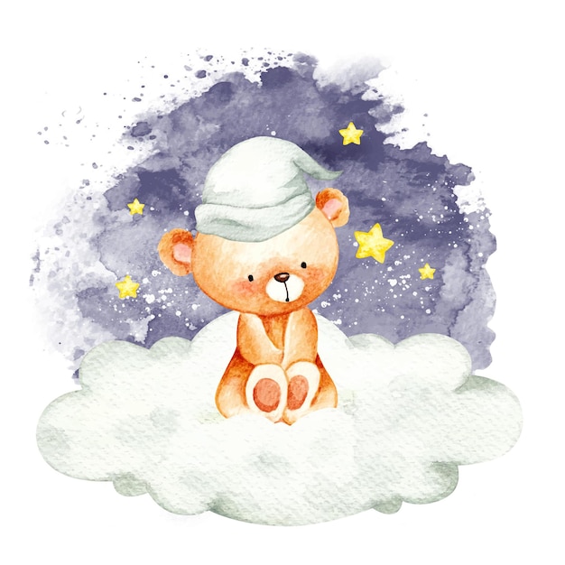 Aquarel teddybeer zittend op de wolk