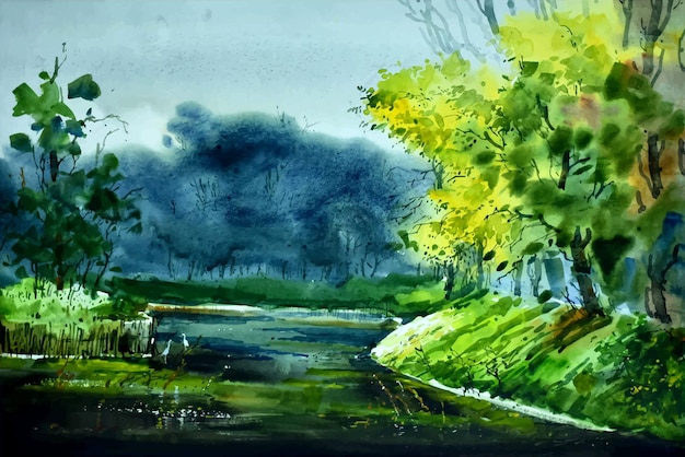 Aquarel tekenen groene boom en meer natuur illustratie
