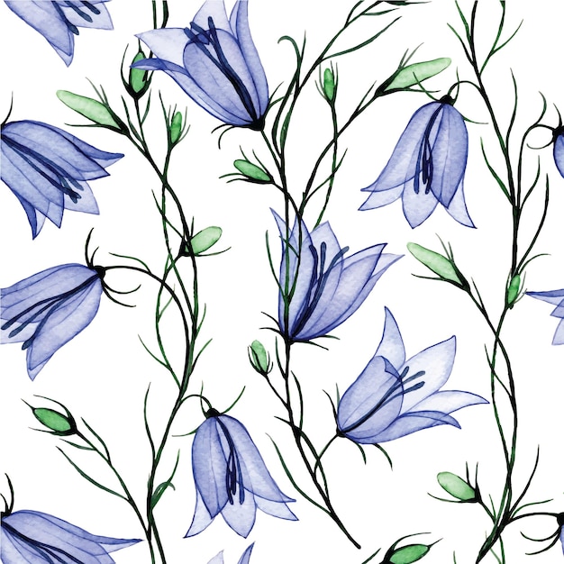 aquarel tekenen naadloos patroon met bluebell bloemen lente wilde bloemen xray