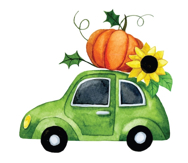 aquarel tekenen schattig thanksgiving samenstelling pompoen auto herfst oogst grappige vintage print