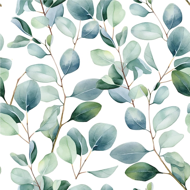 aquarel tekenen van naadloze patroon met eucalyptusbladeren op een witte achtergrond