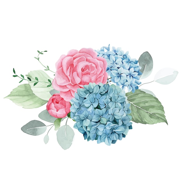 aquarel tekening boeket compositie met tuin bloemen roze rozen pioenrozen blauwe hortensia's