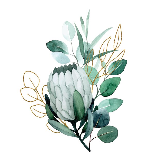 aquarel tekening boeket samenstelling van tropische protea bloemen en eucalyptus bladeren met goud