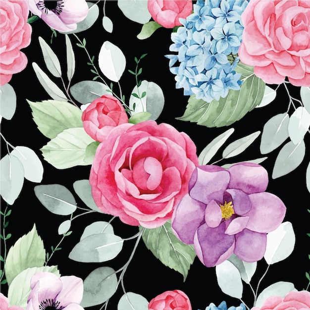 aquarel tekening naadloos patroon met tuin bloemen boeketten van roze rozen pioenrozen blauw