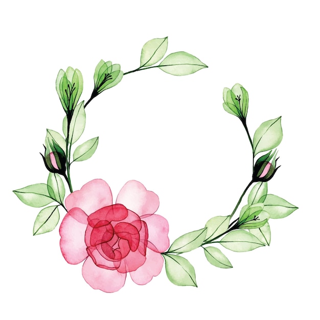 aquarel tekening. rond frame, krans van transparante bloemen en rozenblaadjes. roze roos röntgenfoto