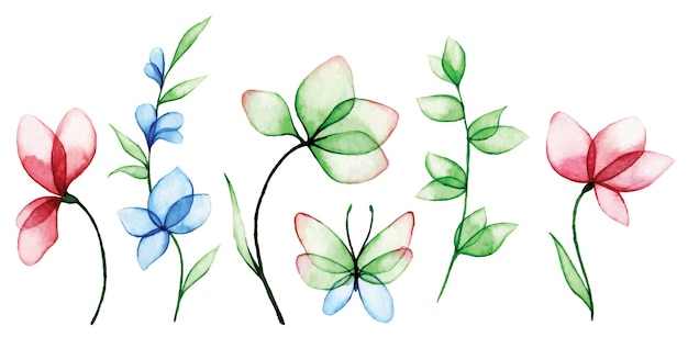 aquarel tekening set transparante bloemen en bladeren abstracte planten in blauw en roze