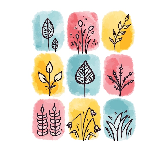 Aquarel tuin bloemenset. vectorillustratie van hand getrokken planten doodles.