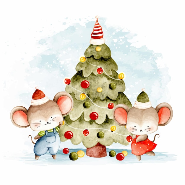 Aquarel twee kleine muisjes met kerstboom