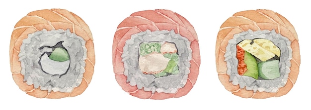 Aquarel uramaki sushi en roll met zalm en tonijn bovenaanzicht op witte achtergrond