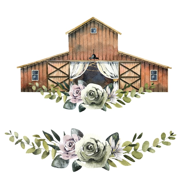 Vector aquarel vakantie rozen schuur bruiloft boerderij