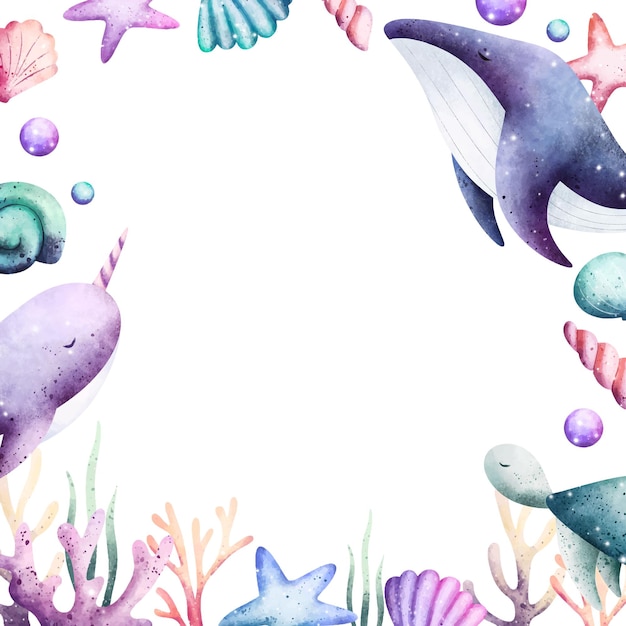 Vector aquarel van frame van zeedieren