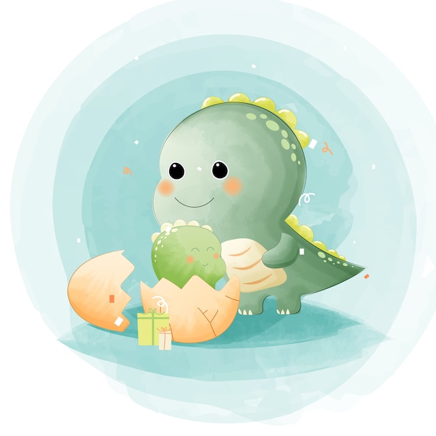 Aquarel van moeder en baby dinosaurus met cadeau.