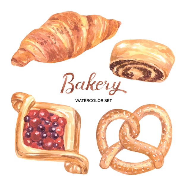 Aquarel vector bakkerij set Gekleurde croissant bagel maanzaad broodje denish met bessen