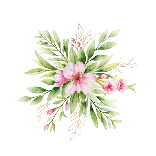 Aquarel vector boeket van roze bloemen en amandelbladeren