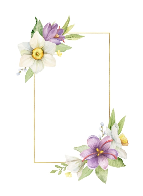 Vector aquarel vector gouden frame met bloemen en bladeren