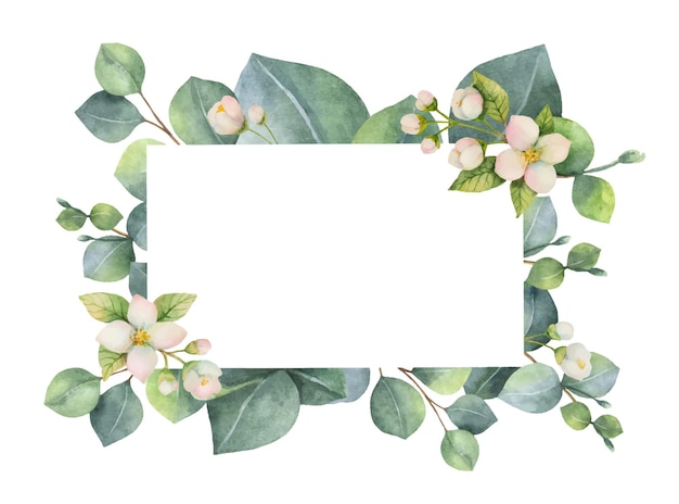 Aquarel vector groene bloemen kaart met eucalyptus bladeren Jasmijn bloemen en takken