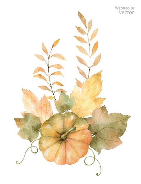 Aquarel vector herfst boeket van bladeren takken en pompoenen geïsoleerd op een witte achtergrond