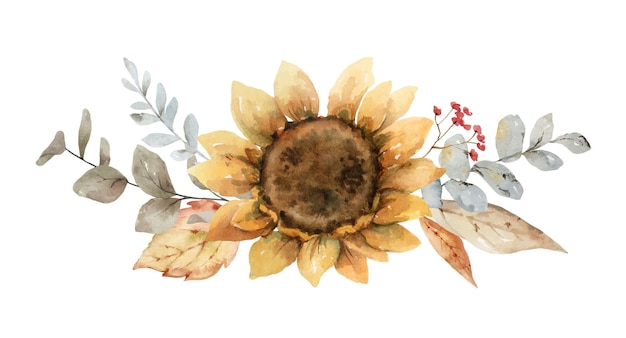 Aquarel vector herfst krans met zonnebloem bladeren en takken