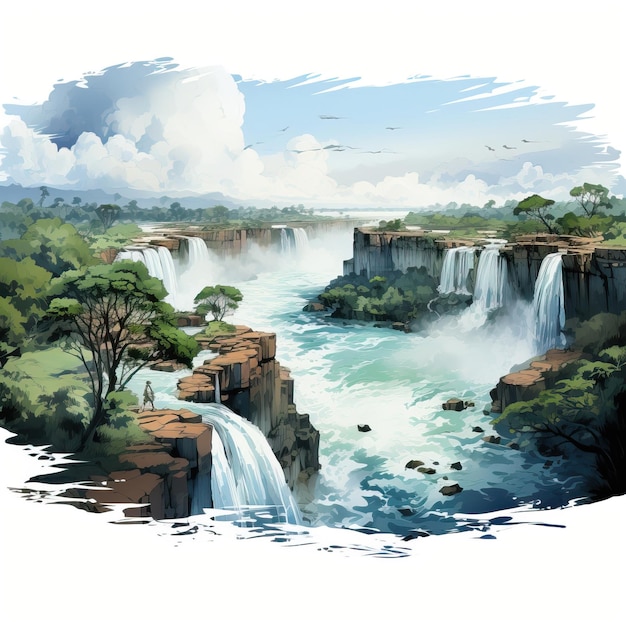 Vector aquarel vector iguazu falls viewpoint op witte achtergrond