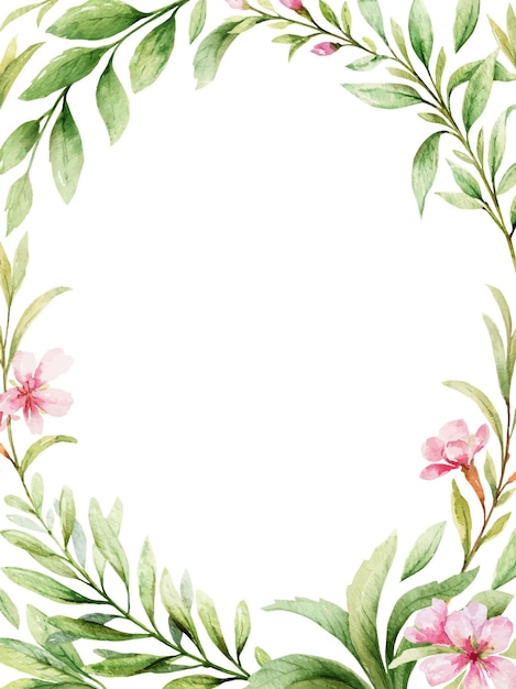 Aquarel vector kaart van roze bloemen en groene bladeren