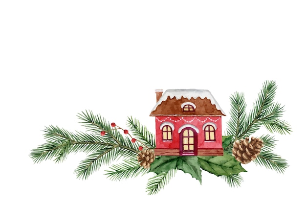 Aquarel vector Kerst een kaart met een huis en dennentakken