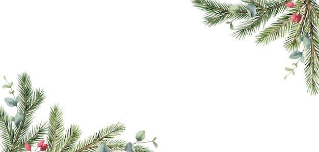 Aquarel vector kerstkaart met dennentakken en eucalyptusbladeren
