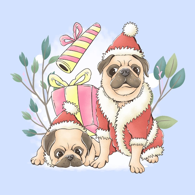 aquarel vector kerstman kerst mopshond ziet er zo schattig uit