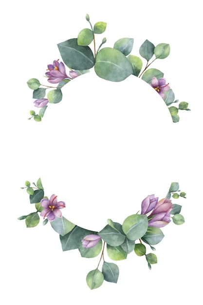 Aquarel vector krans met groene eucalyptus bladeren paarse bloemen en takken