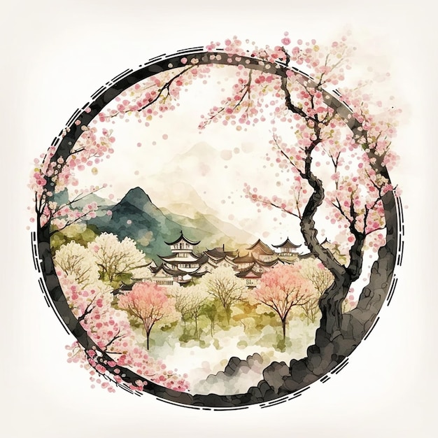 Aquarel vector schilderachtig landschap van sakura bloesems in een japans park ingericht in een cirkel