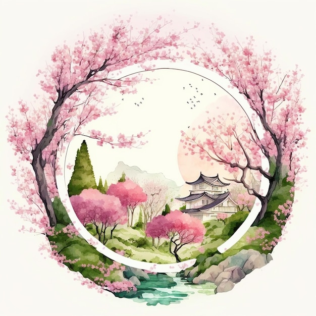 Aquarel vector schilderachtig landschap van sakura bloesems in een Japans park ingericht in een cirkel