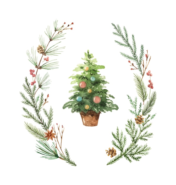 Aquarel vector wenskaart met kerstboom