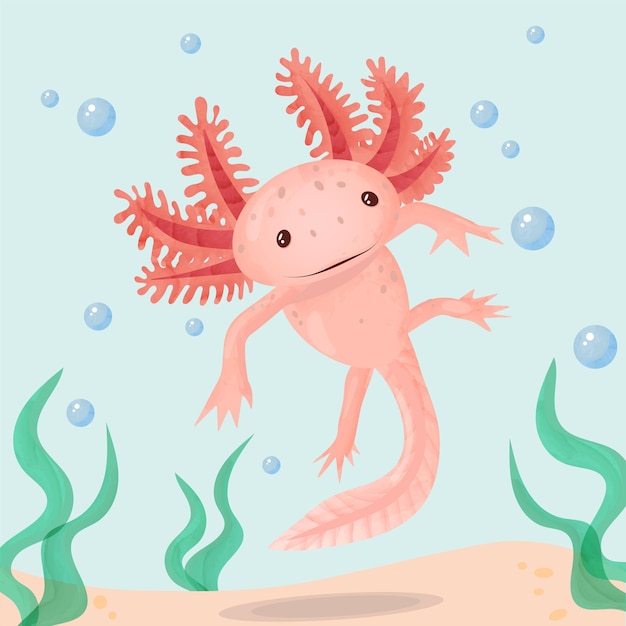 Aquarel vectorillustratie van een kleine axolotl Leuke zwevende roze axolotl