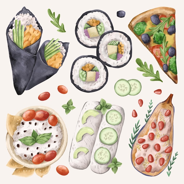 Aquarel vegetarisch eten collectie