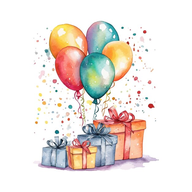 Aquarel verjaardag illustratie clipart kleurrijke ballonnen en confetti illustratie