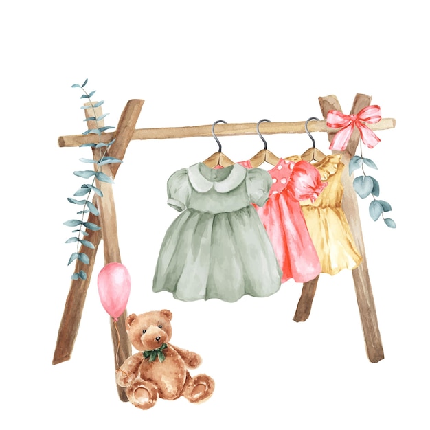 Aquarel vintage kleerhanger voor babymeisjes