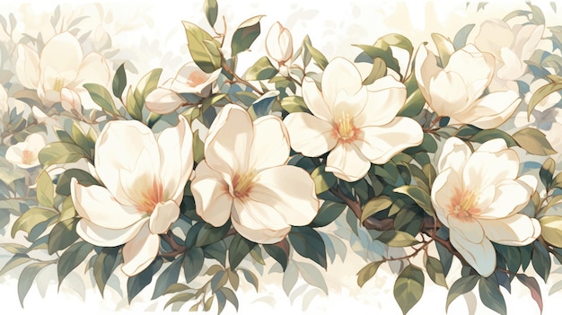 Aquarel Vintage Magnolia patroon illustratie met witte achtergrond