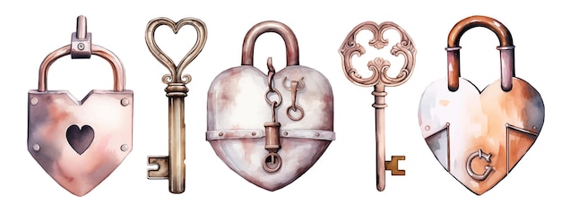 Aquarel vintage sleutels en sloten met bloemen valentijnsdag illustratie