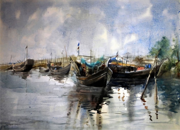 Aquarel vissersboten op het water in de zee met mooie blauwe hemel hand getrokken illustratie