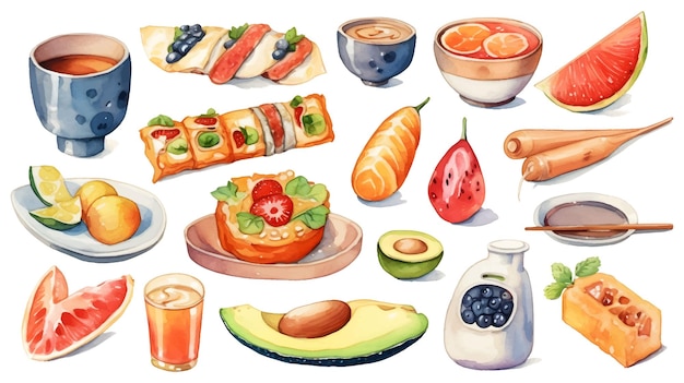 Aquarel voedsel instellen illustratie