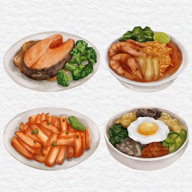 Aquarel voedsel steak noodle pasta en bibimbub clip art illustratie